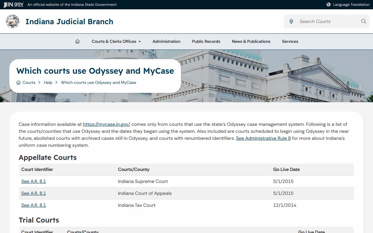 Floyd County court records in the Odyssey and MyCase court list