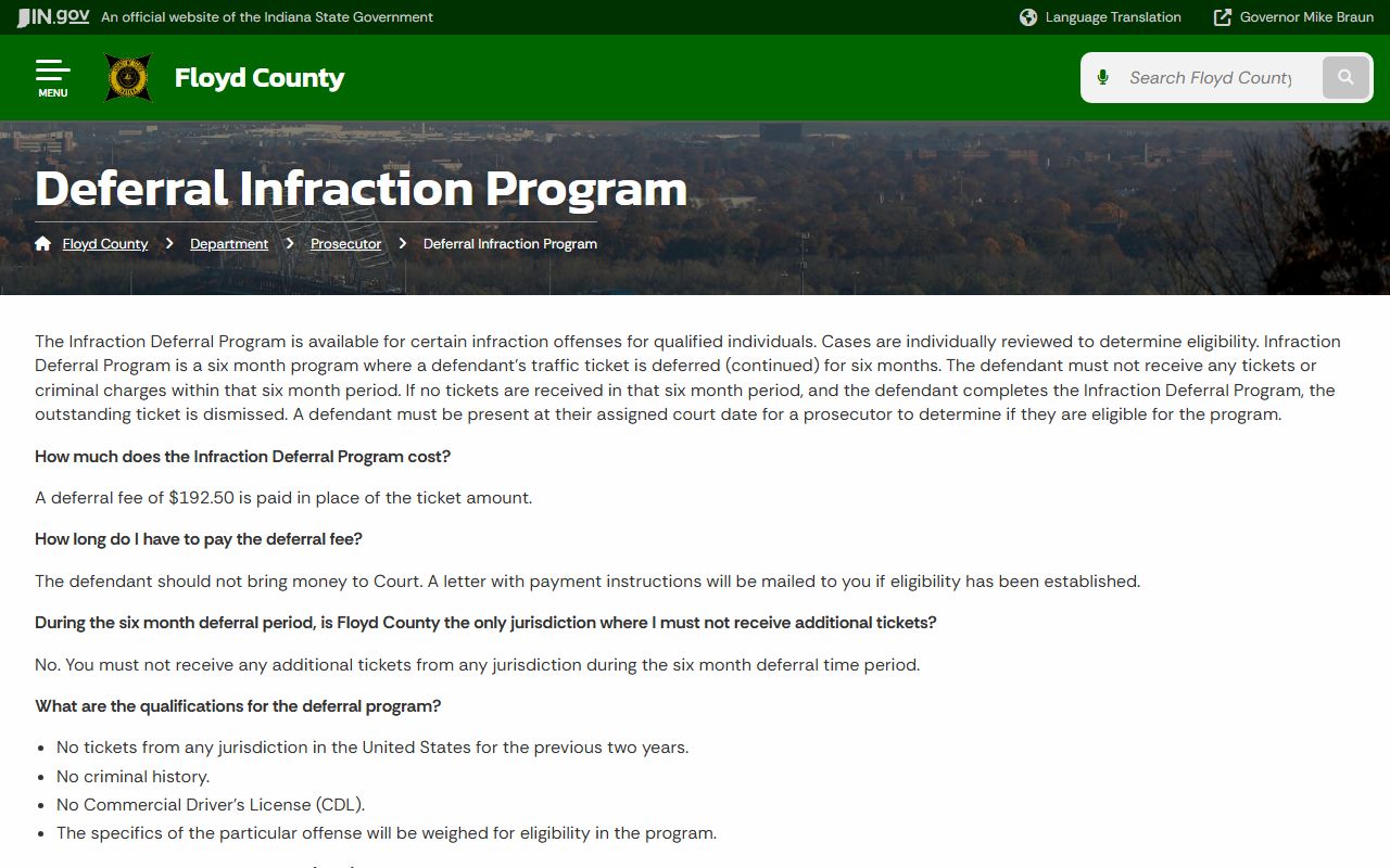Floyd County traffic court records deferral infraction program